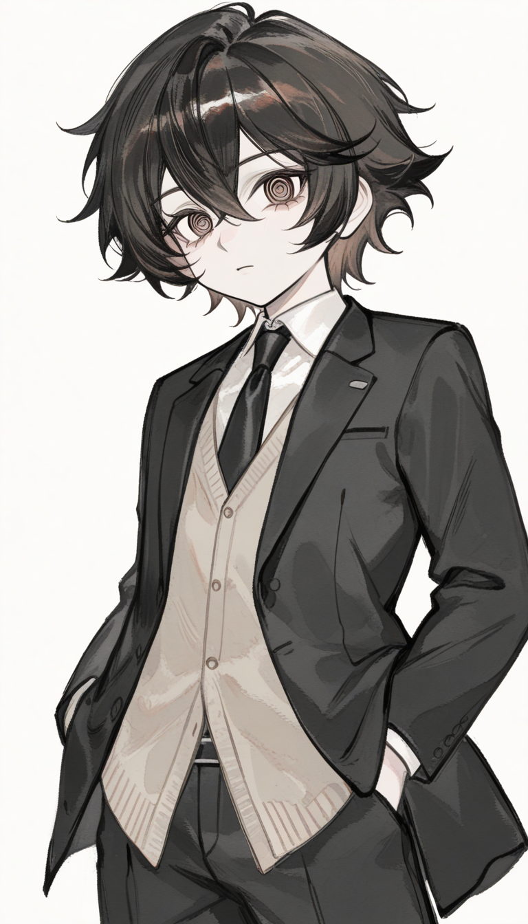 Garçon hypnotiseur mystérieux avec des yeux en spirale et des cheveux en perceuse - variation de design de personnage OC anime 2