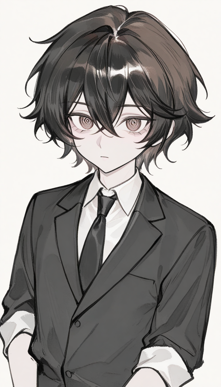 Garçon hypnotiseur mystérieux avec des yeux en spirale et des cheveux en perceuse - variation de design de personnage OC anime 1