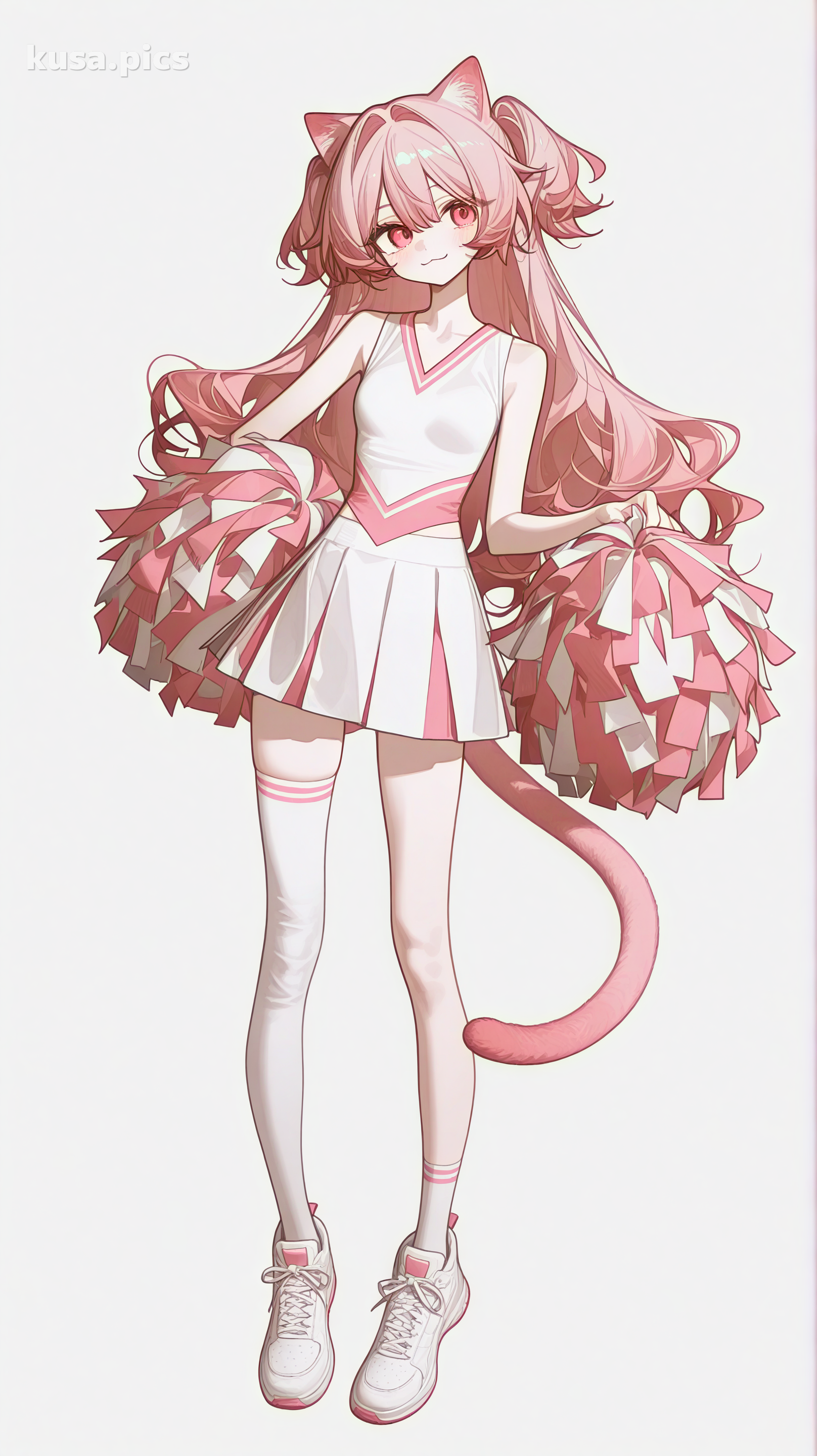 Fille chat cheerleader avec des cheveux roses, des oreilles de chat et une pose énergique - variation de design de personnage OC anime 2