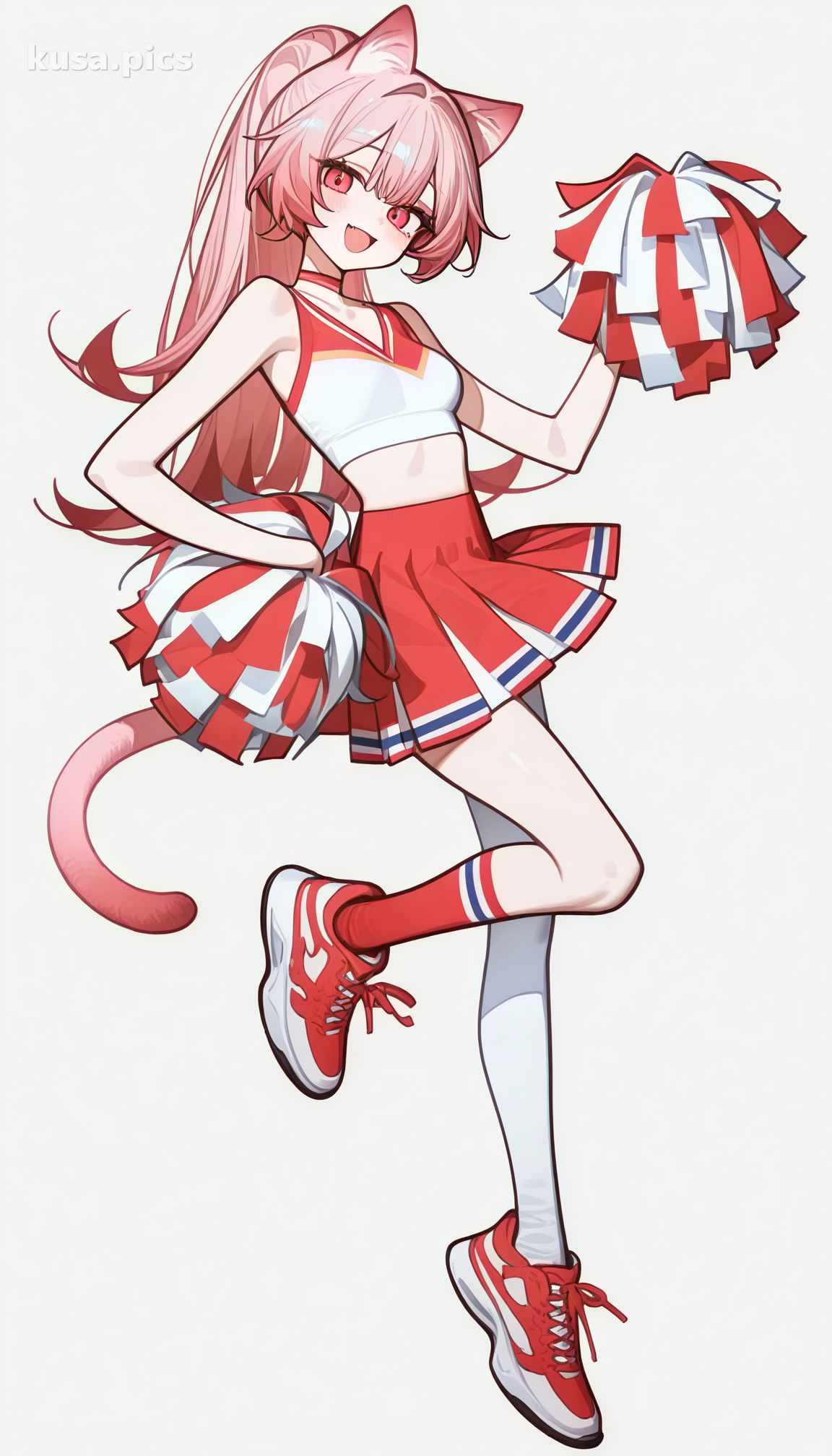 Fille chat cheerleader avec des cheveux roses, des oreilles de chat et une pose énergique - variation de design de personnage OC anime 1