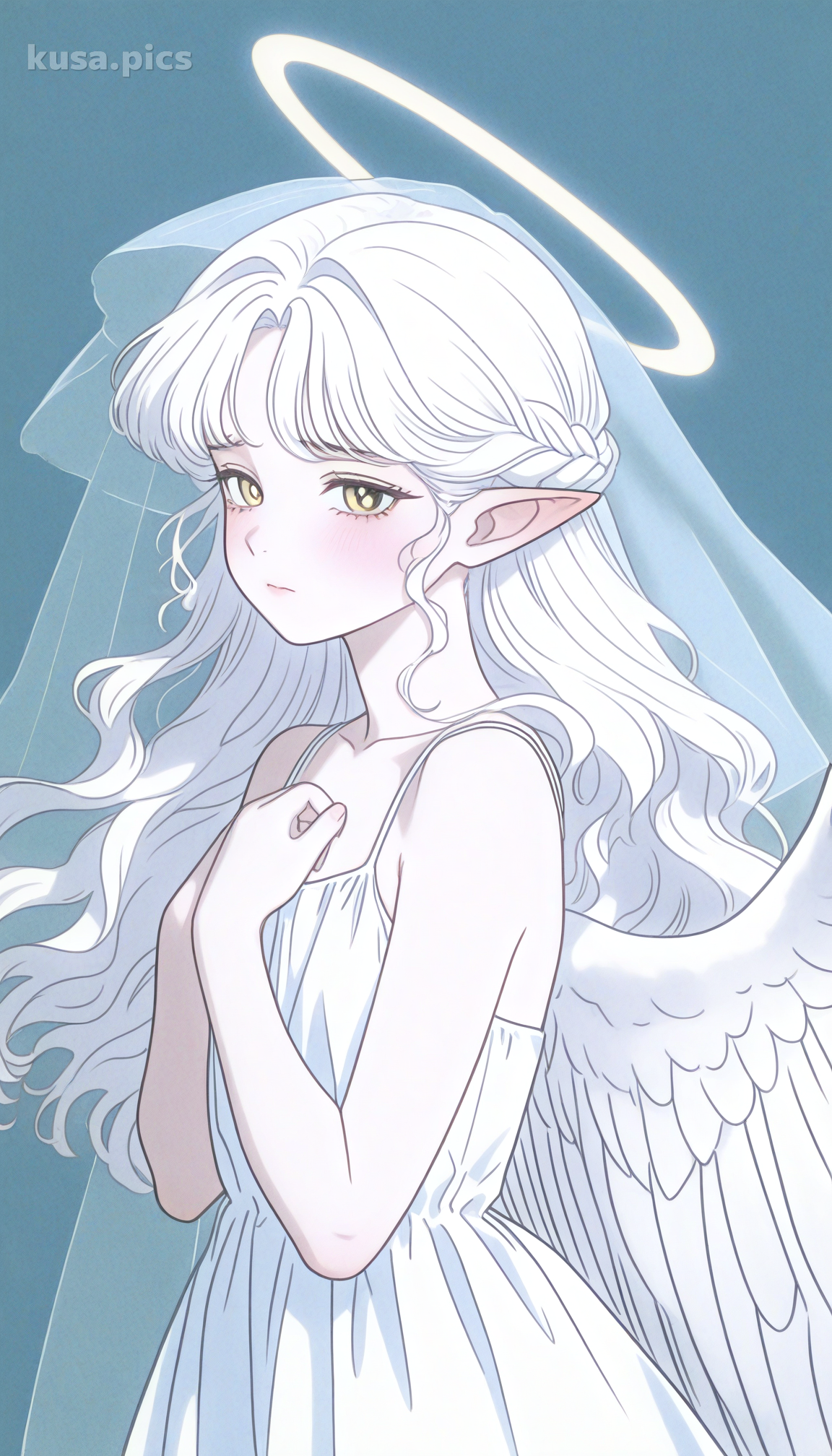 Fille ange mélancolique avec des cheveux blancs, d'énormes ailes en plumes et une expression triste - variation de design de personnage OC anime 2