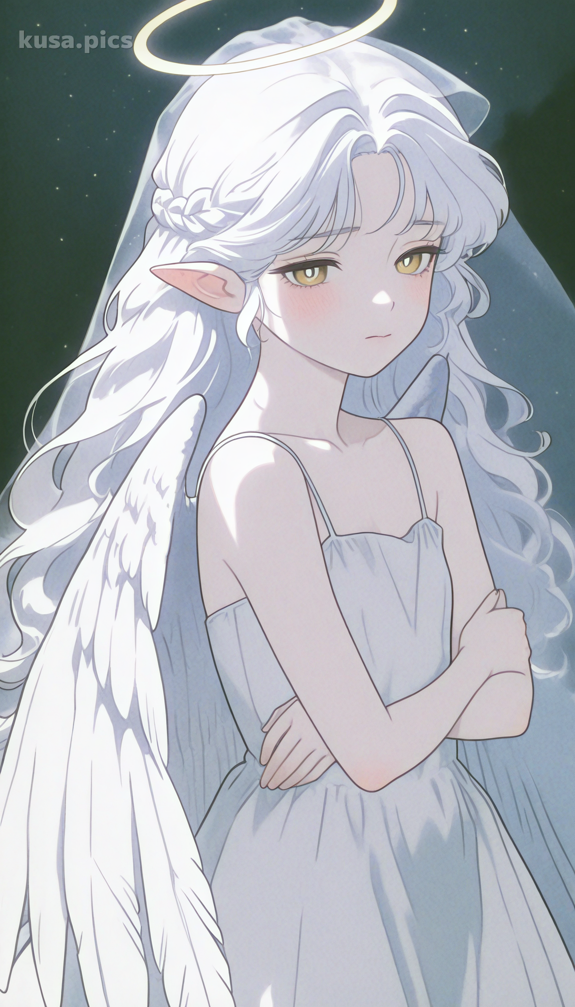 Fille ange mélancolique avec des cheveux blancs, d'énormes ailes en plumes et une expression triste - variation de design de personnage OC anime 1