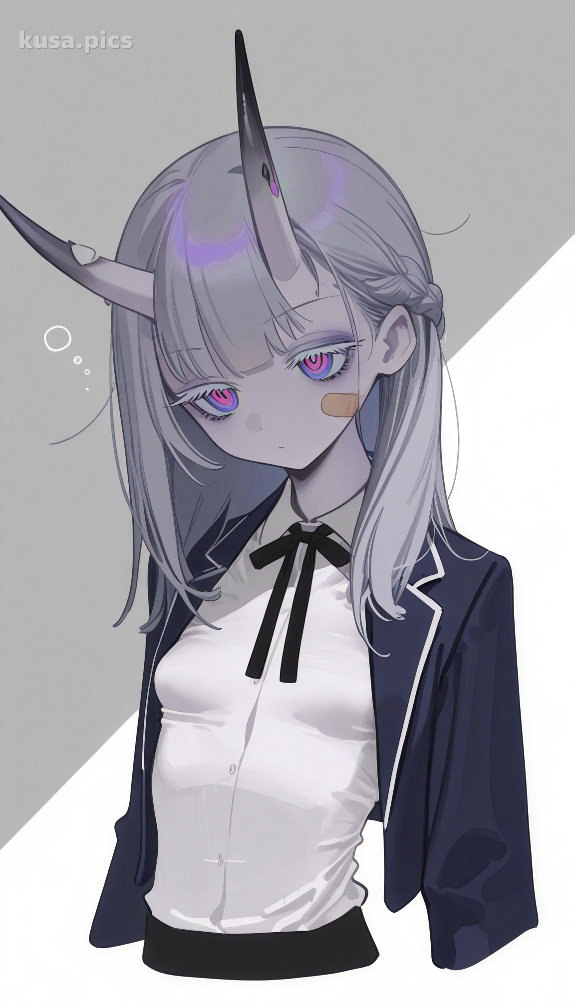 Écolière zombie avec peau grise, uniforme déchiré et cornes d'oni - variation de design de personnage OC anime 2