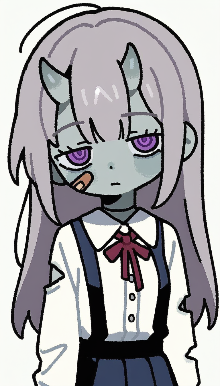 Écolière zombie avec peau grise, uniforme déchiré et cornes d'oni - variation de design de personnage OC anime 1