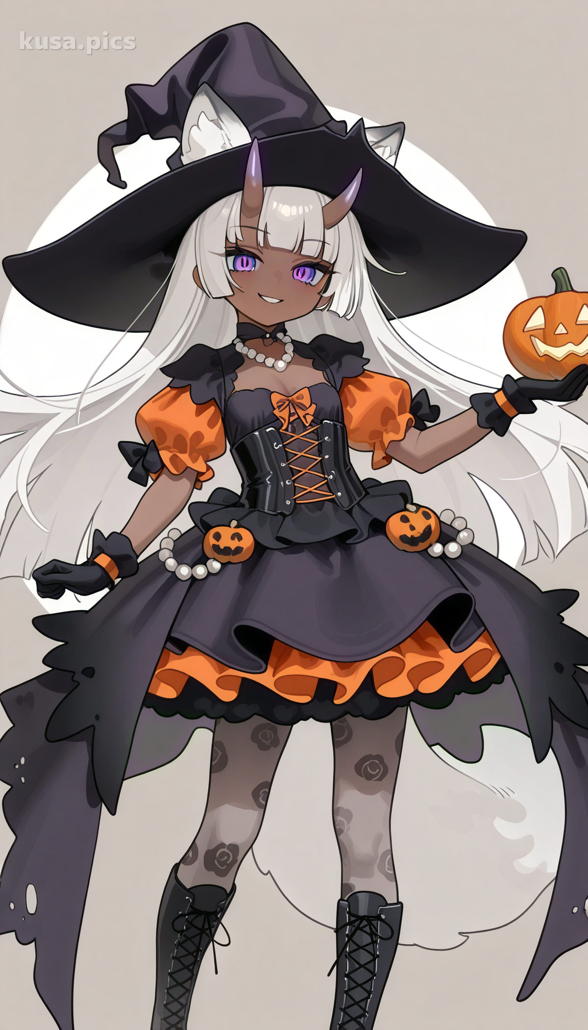 Loli sorcière gothique d'Halloween avec des oreilles de renard, des décorations de citrouille et une robe lolita élaborée - variation de design de personnage OC anime 2