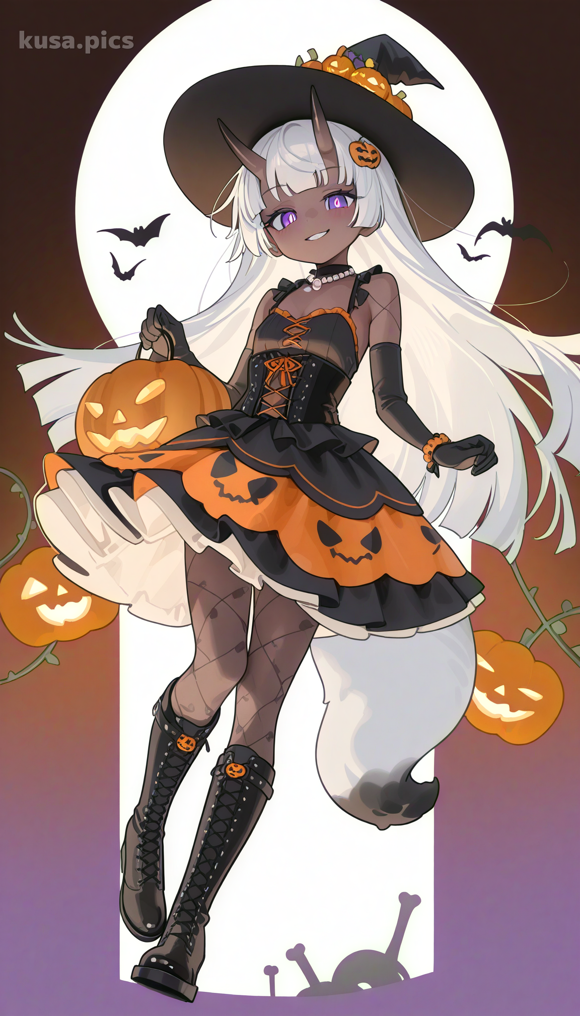 Loli sorcière gothique d'Halloween avec des oreilles de renard, des décorations de citrouille et une robe lolita élaborée - variation de design de personnage OC anime 1