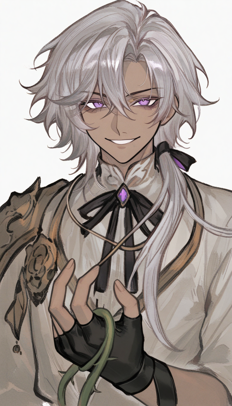 Jeune homme béni par la nature avec des cheveux argentés ornés de vignes et des yeux violets - variation de design de personnage OC anime 2