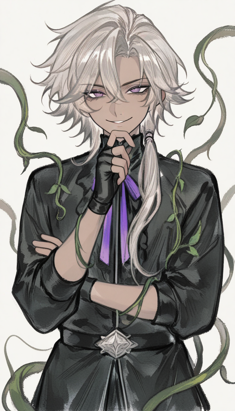 Jeune homme béni par la nature avec des cheveux argentés ornés de vignes et des yeux violets - variation de design de personnage OC anime 1
