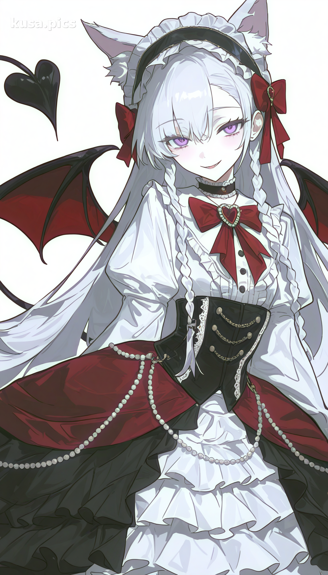 Loli vampire kawaii avec des oreilles de renard, une robe blanche et rouge, une queue en forme de cœur - variation de design de personnage OC anime 2