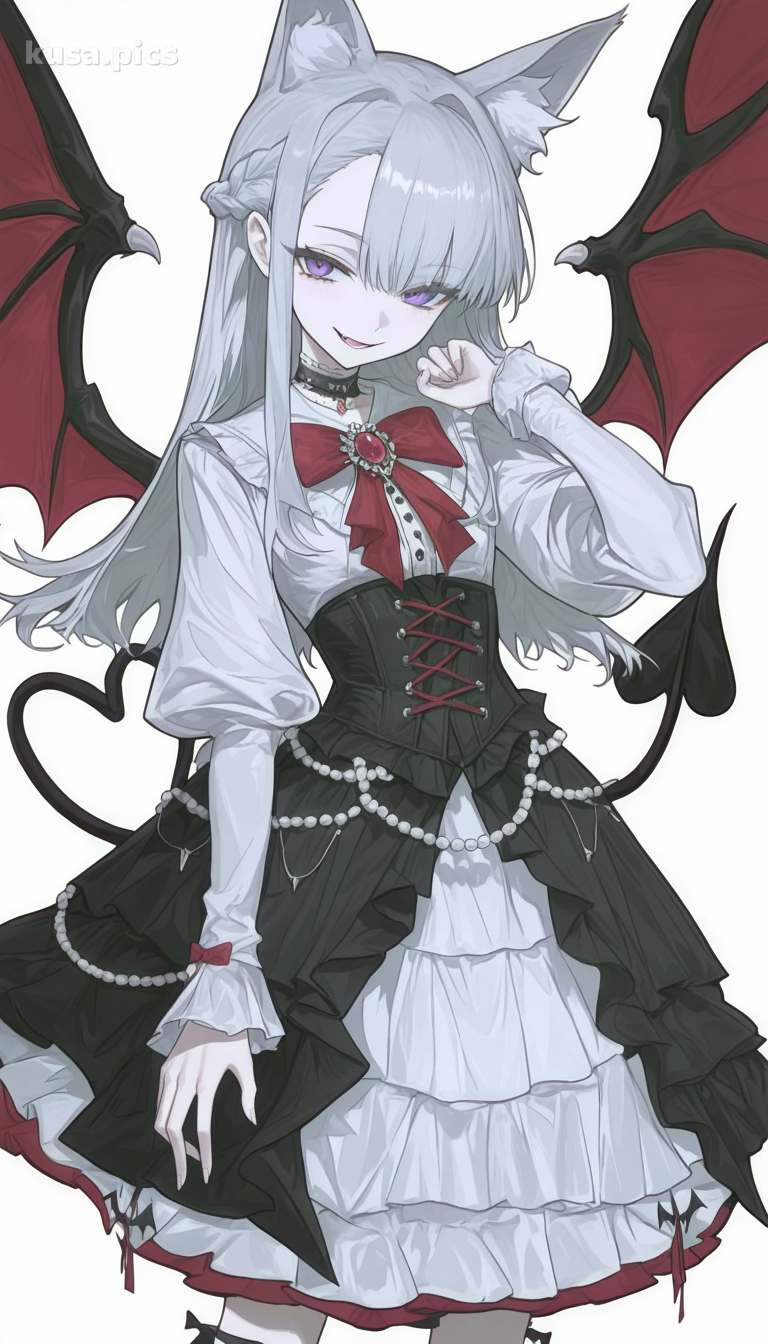 Loli vampire kawaii avec des oreilles de renard, une robe blanche et rouge, une queue en forme de cœur - variation de design de personnage OC anime 1