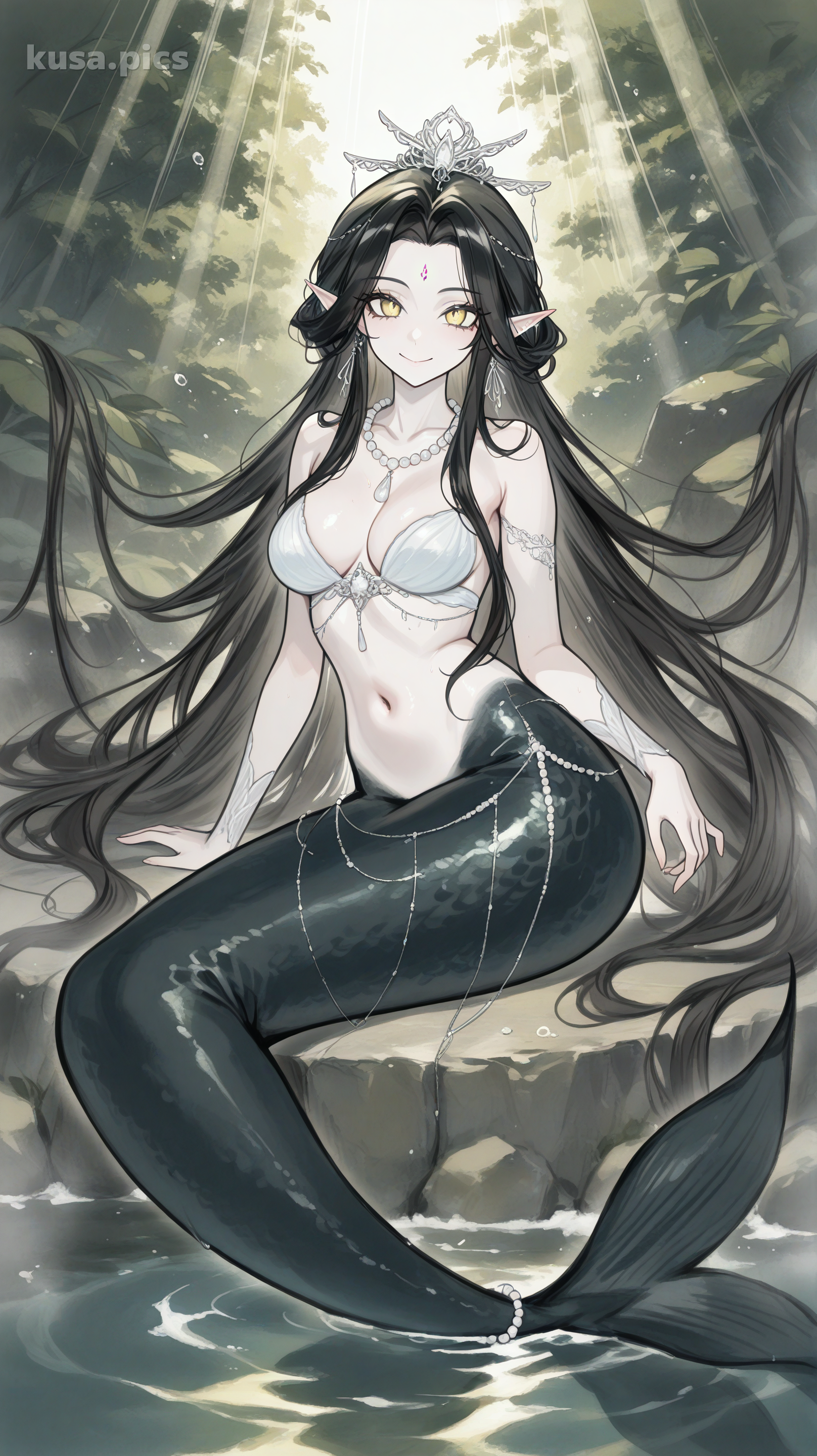 Sirène élégante avec des cheveux noirs, des yeux jaunes et un collier de perles dans un cadre sous-marin - variation de design de personnage OC anime 2