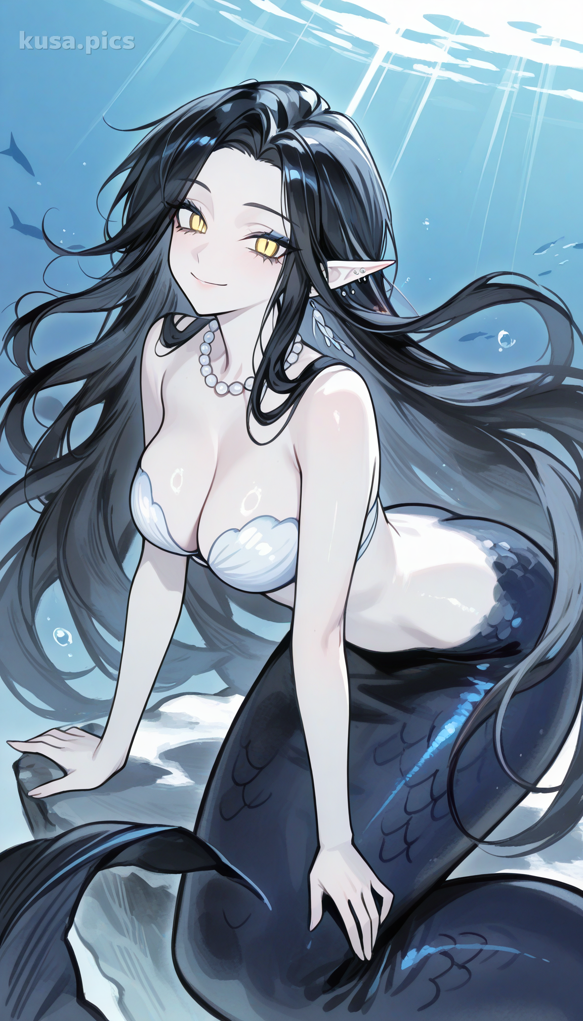 Sirène élégante avec des cheveux noirs, des yeux jaunes et un collier de perles dans un cadre sous-marin - variation de design de personnage OC anime 1