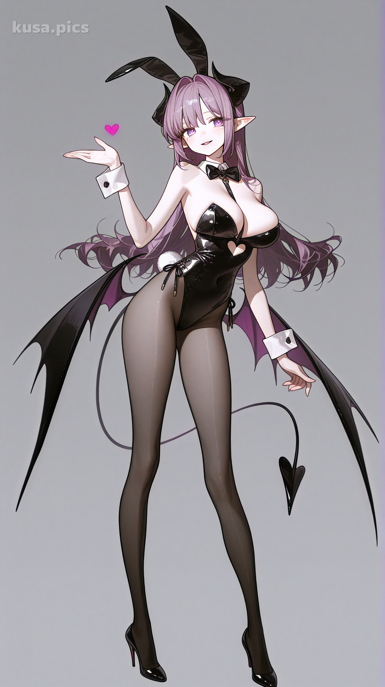 OC en corps entier de fille lapin démon avec cheveux violets, léotard noir et ailes de démon - Exemple 1 variation A
