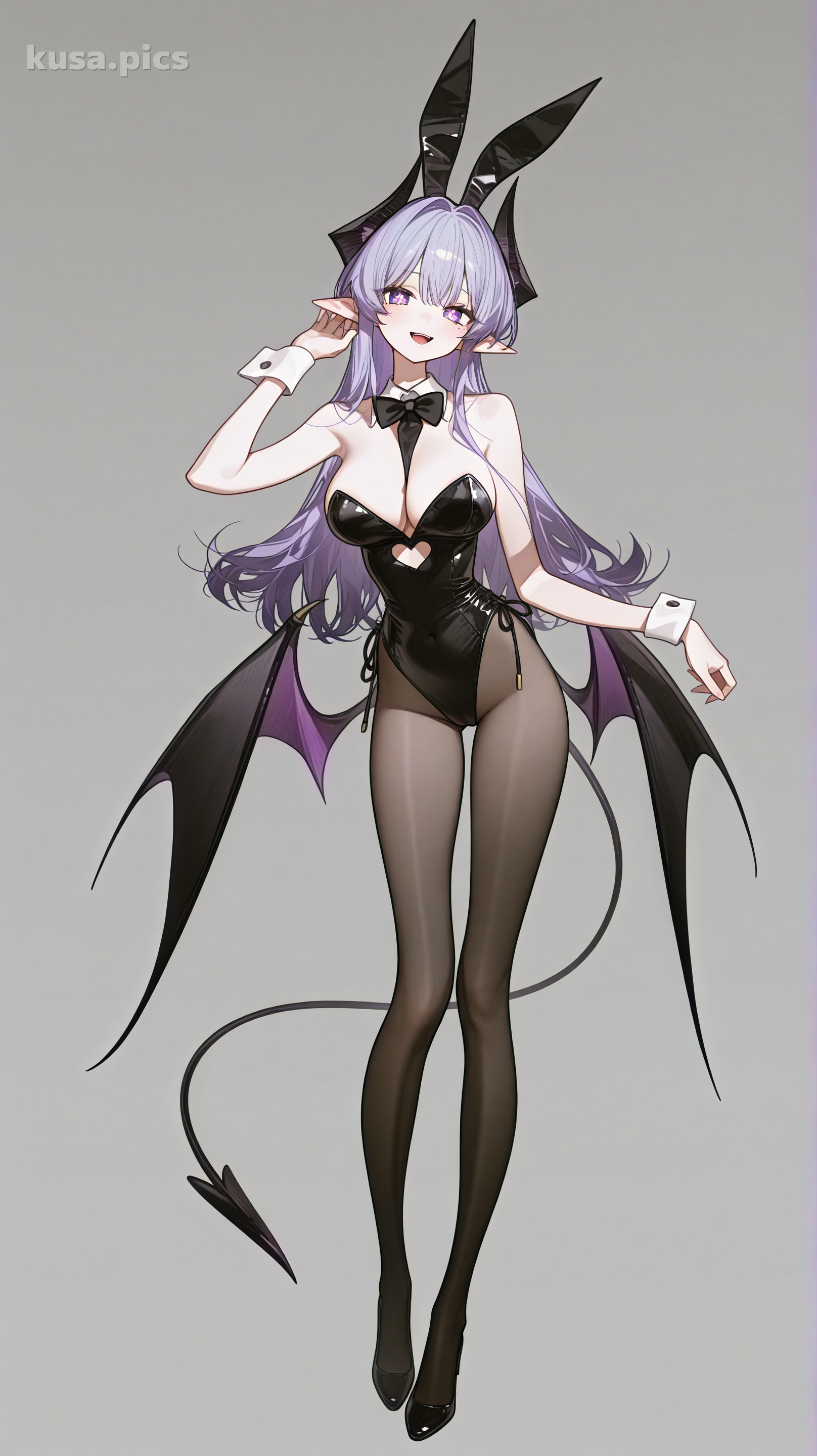 OC en corps entier de fille lapin démon avec cheveux violets, léotard noir et ailes de démon - Exemple 1 variation B