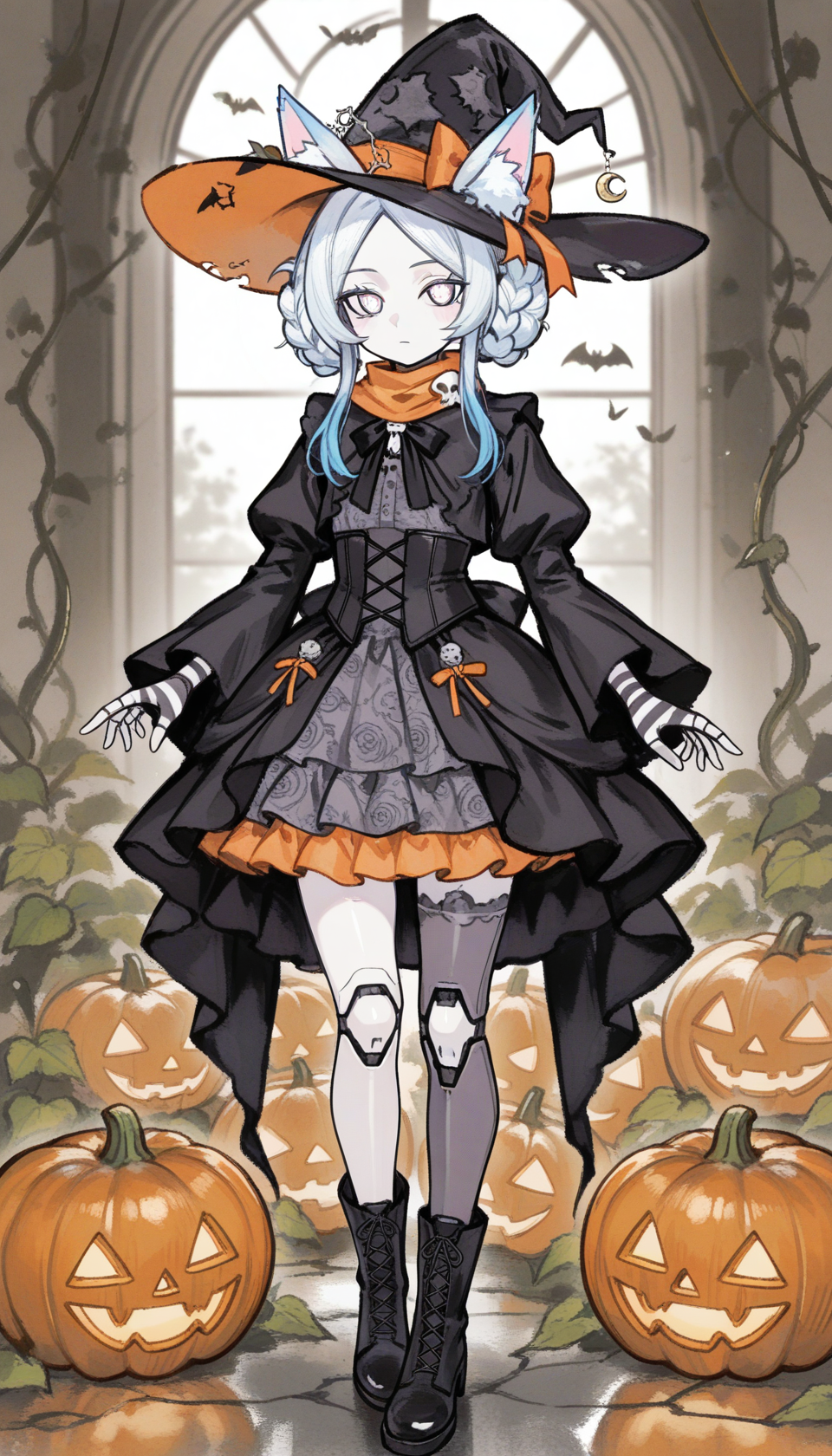 OC en corps entier de sorcière d'Halloween avec robe gothique lolita, décorations de citrouille et oreilles de renard - Exemple 3 variation A