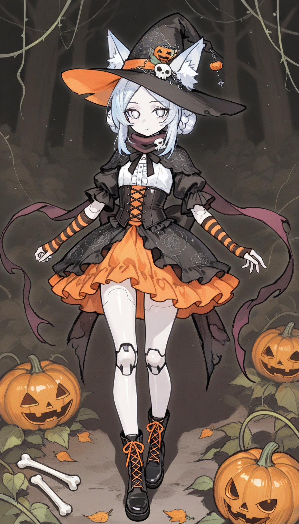 OC en corps entier de sorcière d'Halloween avec robe gothique lolita, décorations de citrouille et oreilles de renard - Exemple 3 variation B