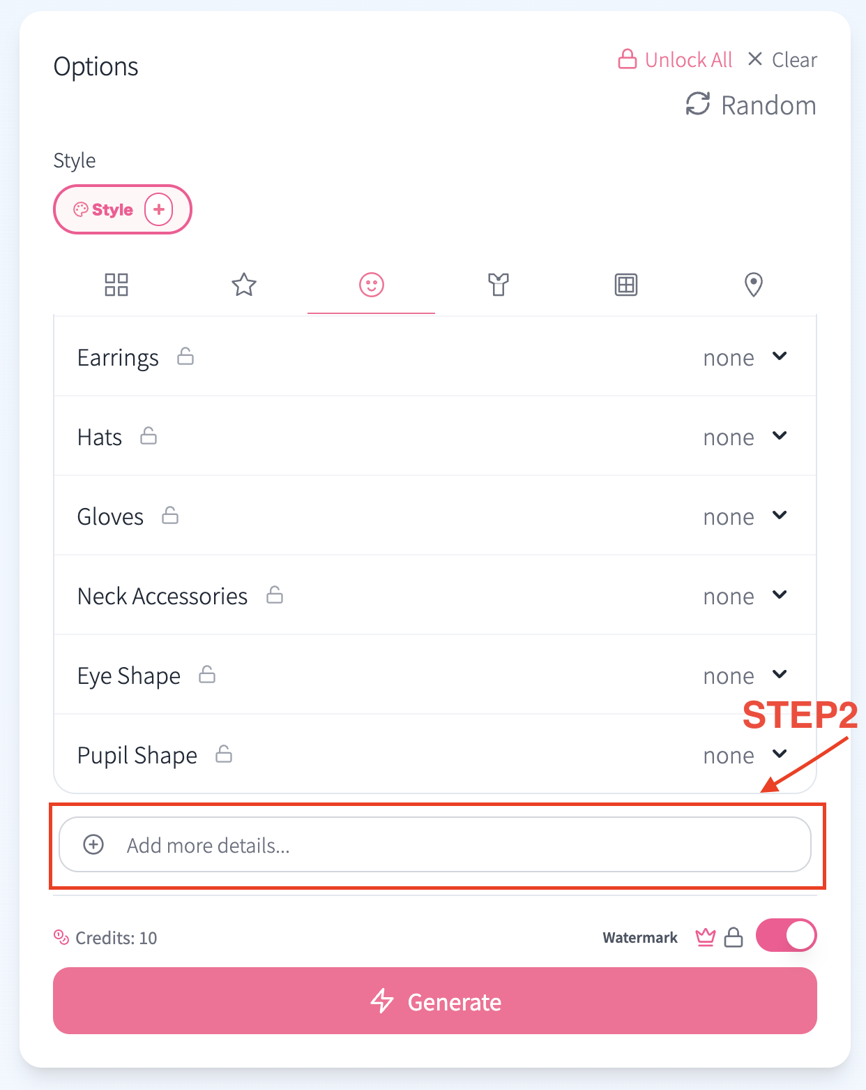 Генератор ОС KusArt с функцией Add more details для настройки персонажа
