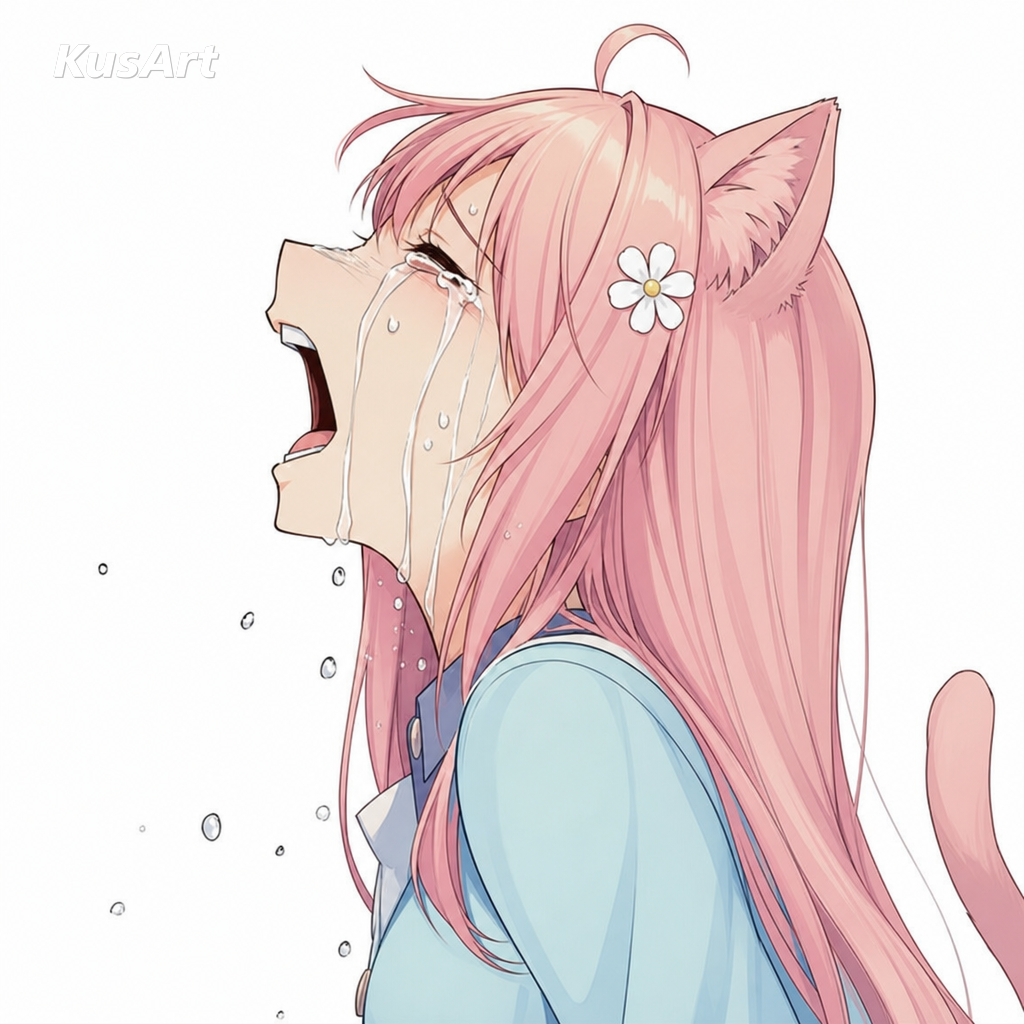 Anime-Mädchen-weint-Meme neu erstellt mit einem pinkhaarigen Katzenmädchen, das dramatisch heult