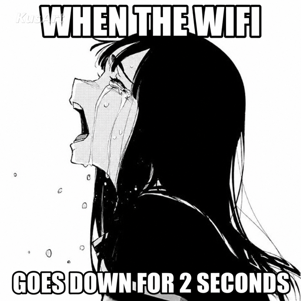 Anime-Mädchen-weint-Meme mit Bildunterschrift «wenn das WLAN / 2 Sekunden lang ausfällt»