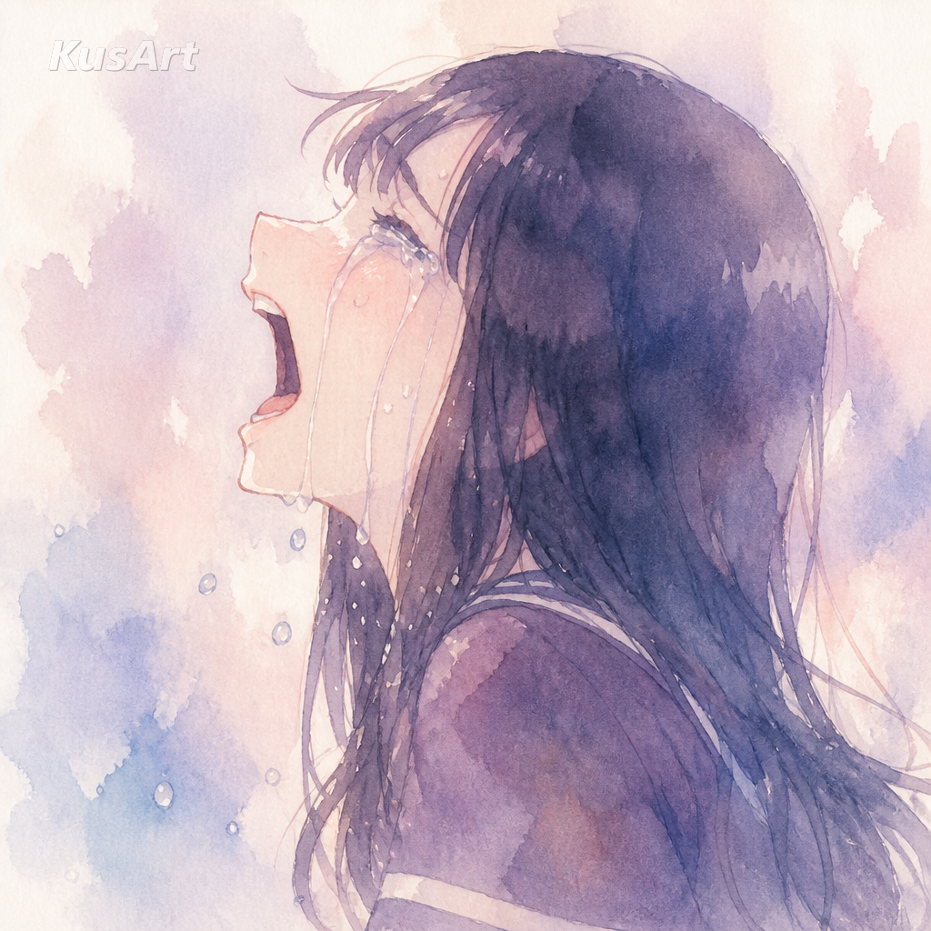 Anime-Mädchen-weint-Meme neu gestaltet als weiches Pastell-Aquarellgemälde