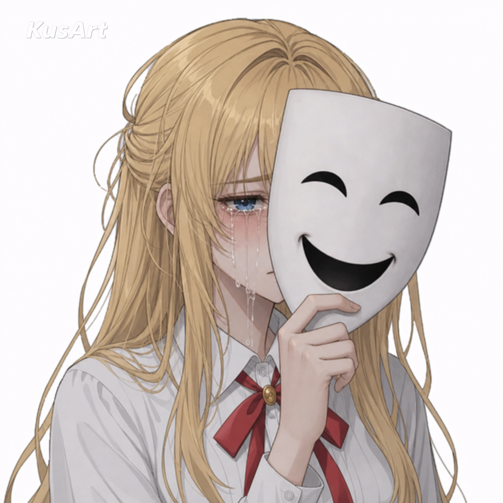 Crying behind mask meme remade with an anime girl holding a smiling mask while crying behind it