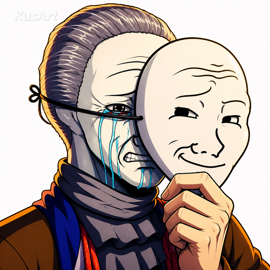 Crying behind mask meme restyled as a vibrant anime cel-shaded illustration