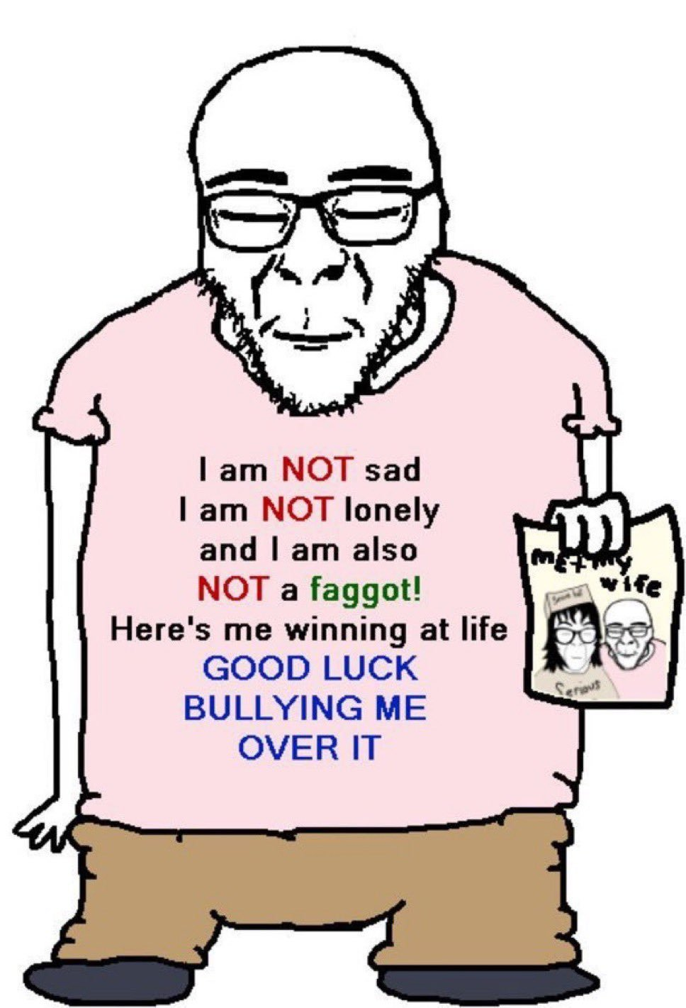 Crying behind mask meme of a Wojak insisting he is not sad while crying behind a mask