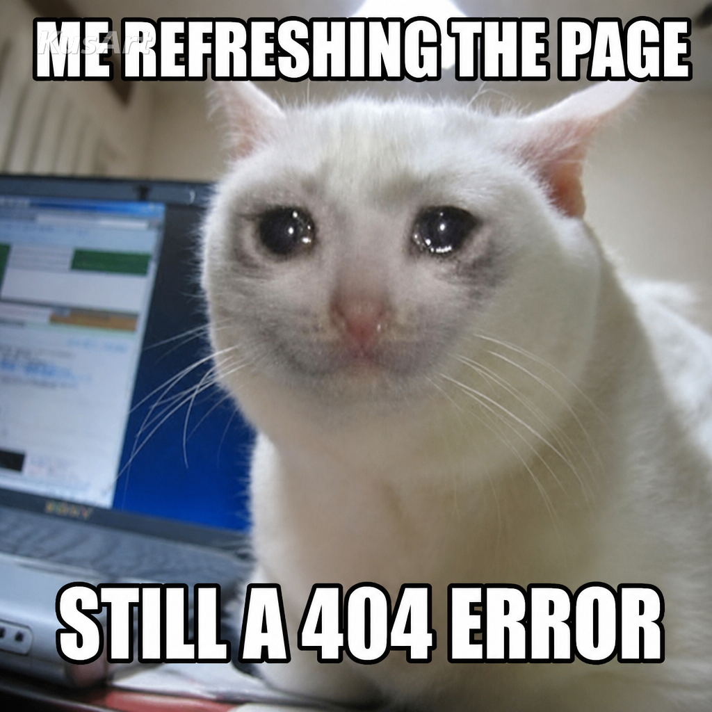 Crying cat meme captioned 'me refreshing the page / still a 404 error'