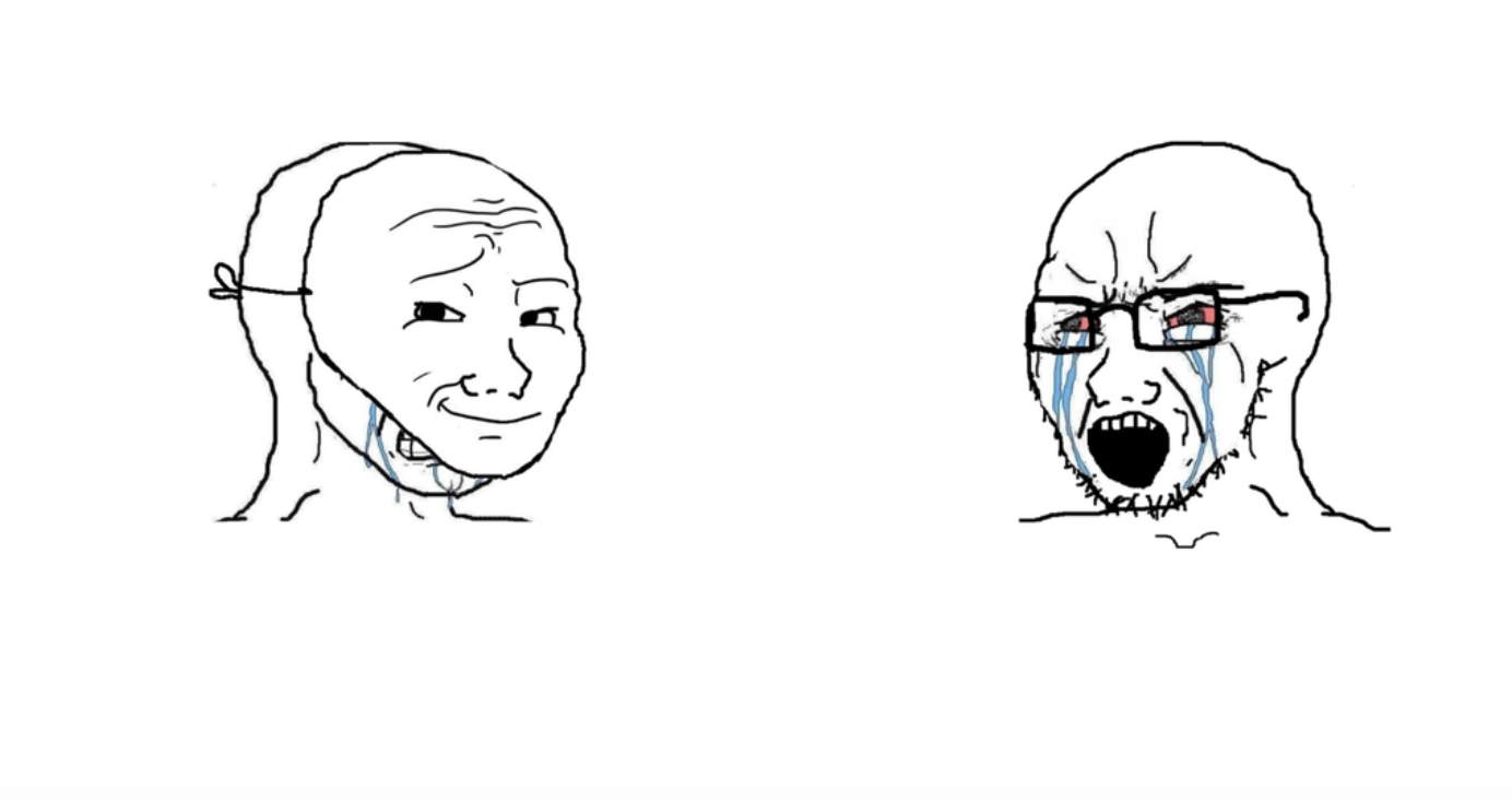 Crying Wojak reaction faces with streaming tears