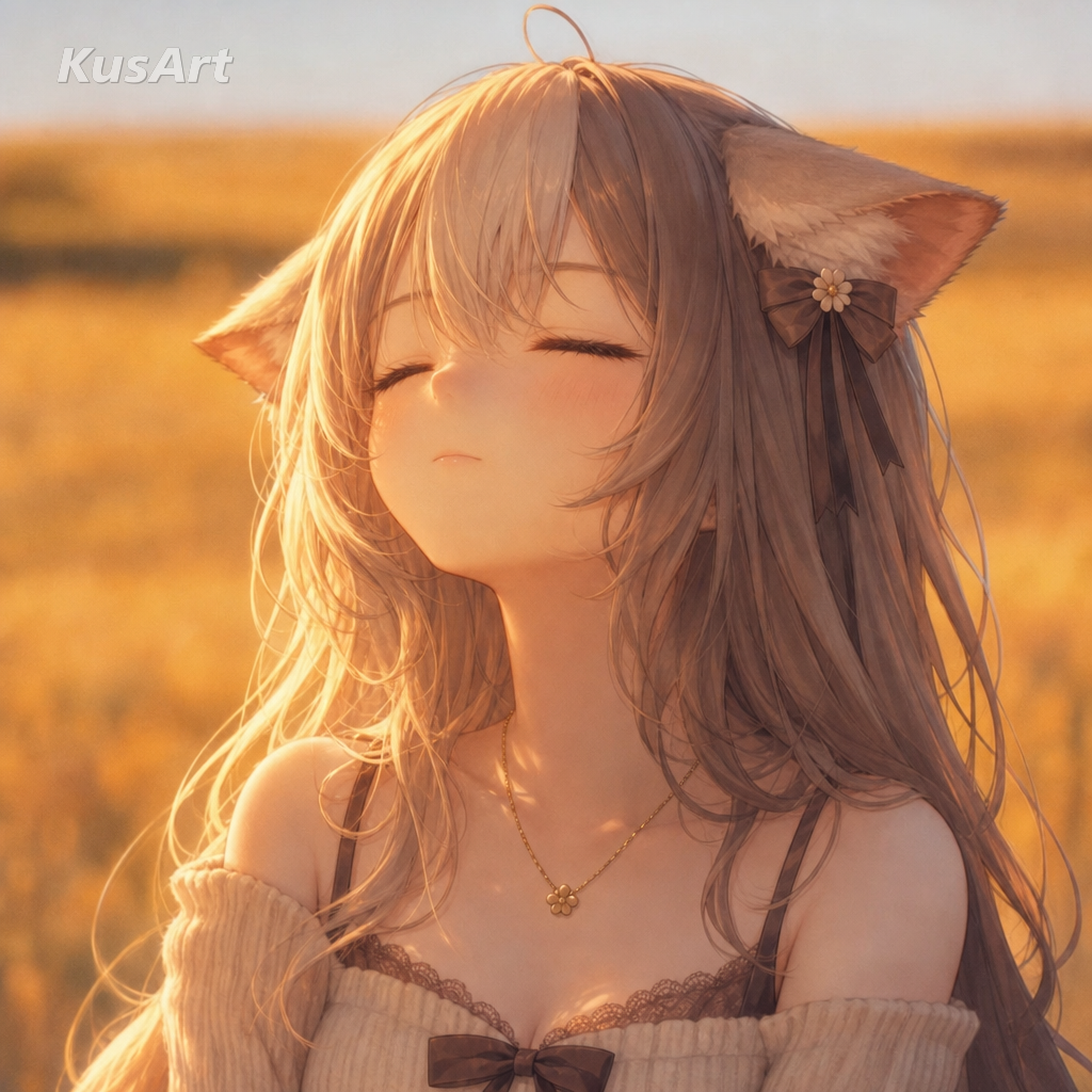 Dog closing eyes meme remade with an anime catgirl swapped into the original cooked dog sunset composition
