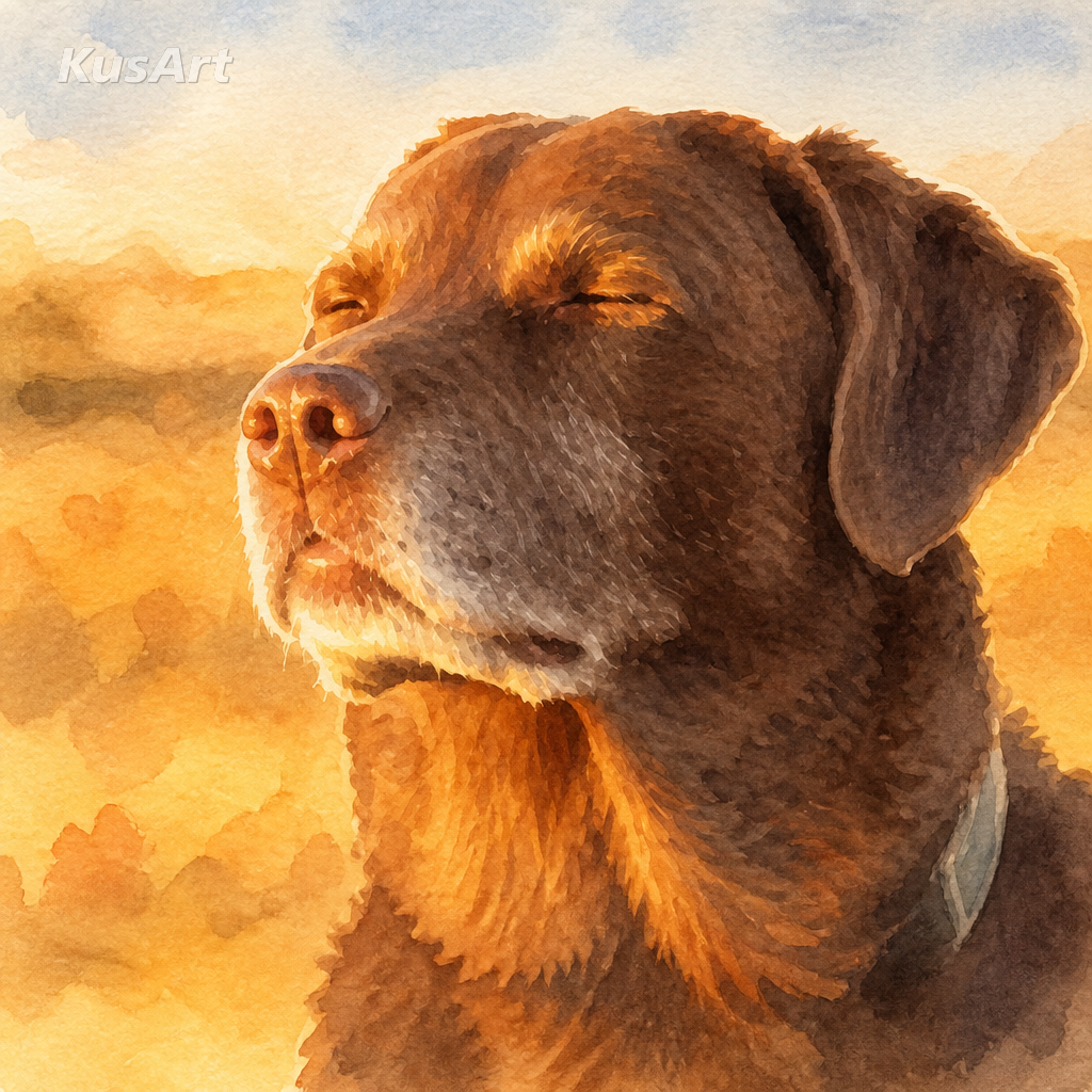 Dog closing eyes meme restyled as a soft watercolor painting