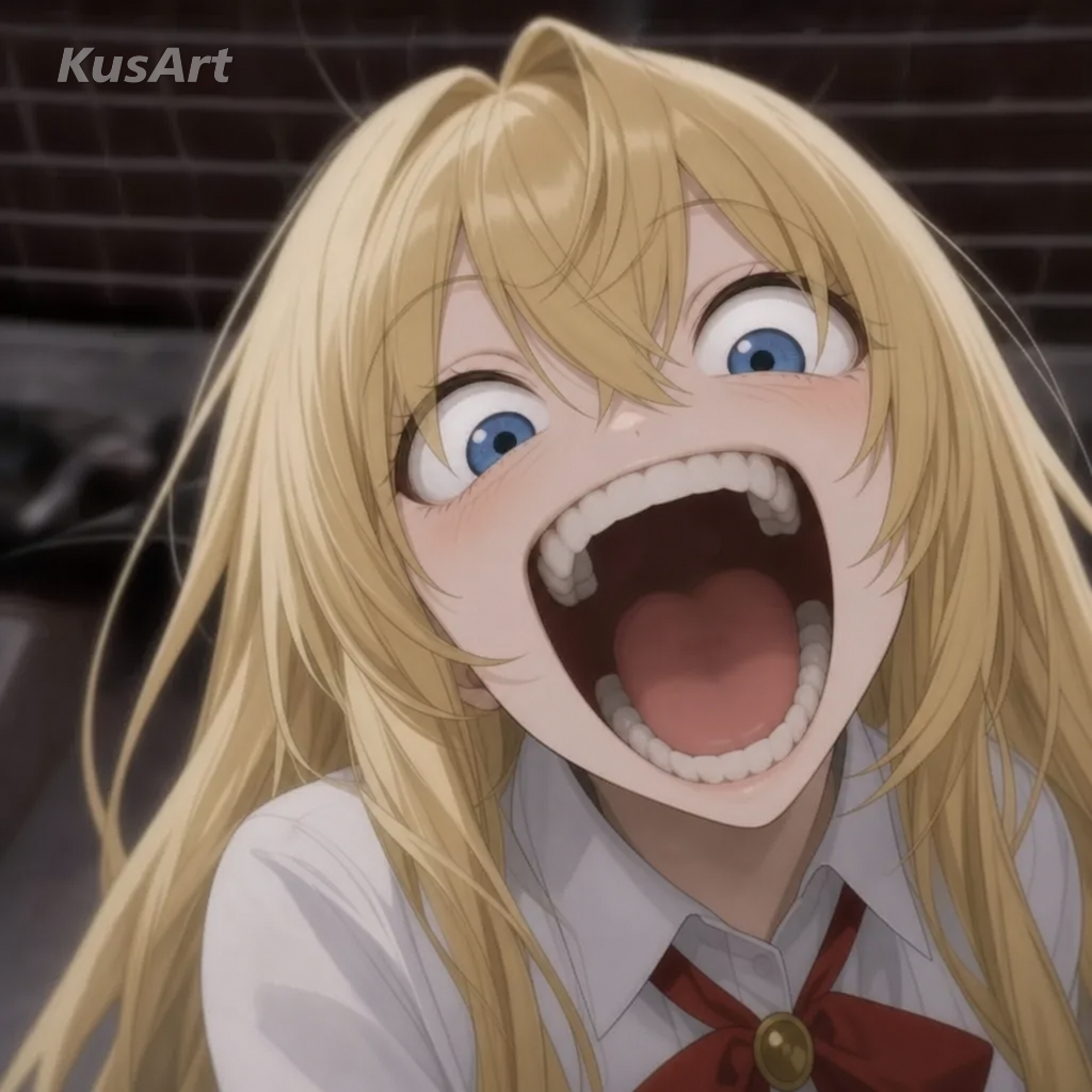Funny dog memes remade with an anime girl pulling the same goofy open-mouthed grin