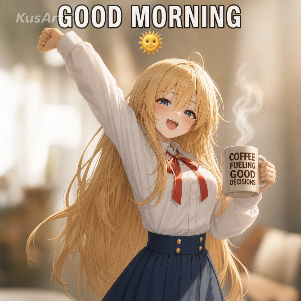 Good morning meme remade with an anime girl stretching with coffee in a sunny morning
