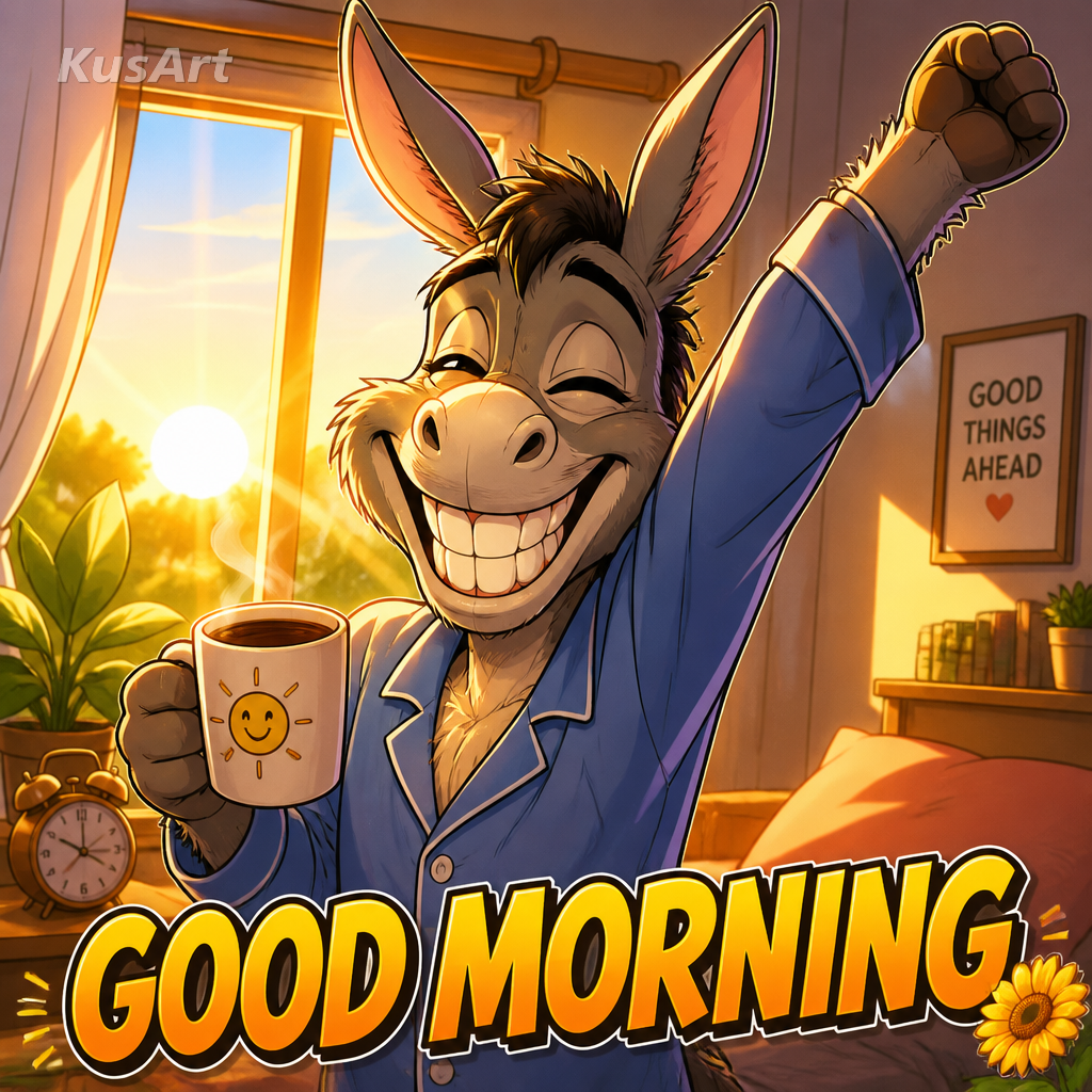 Good morning meme restyled as a vibrant anime cel-shaded illustration