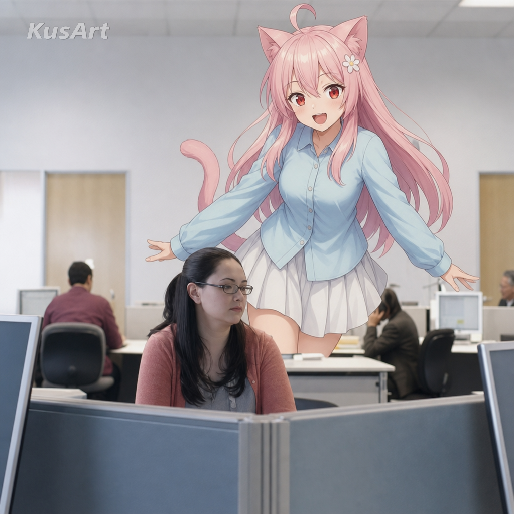 Hump day meme remade with a cheerful anime catgirl strolling through an office