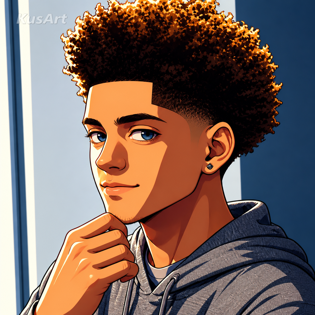 Low taper fade meme restyled as a vibrant anime cel-shaded illustration