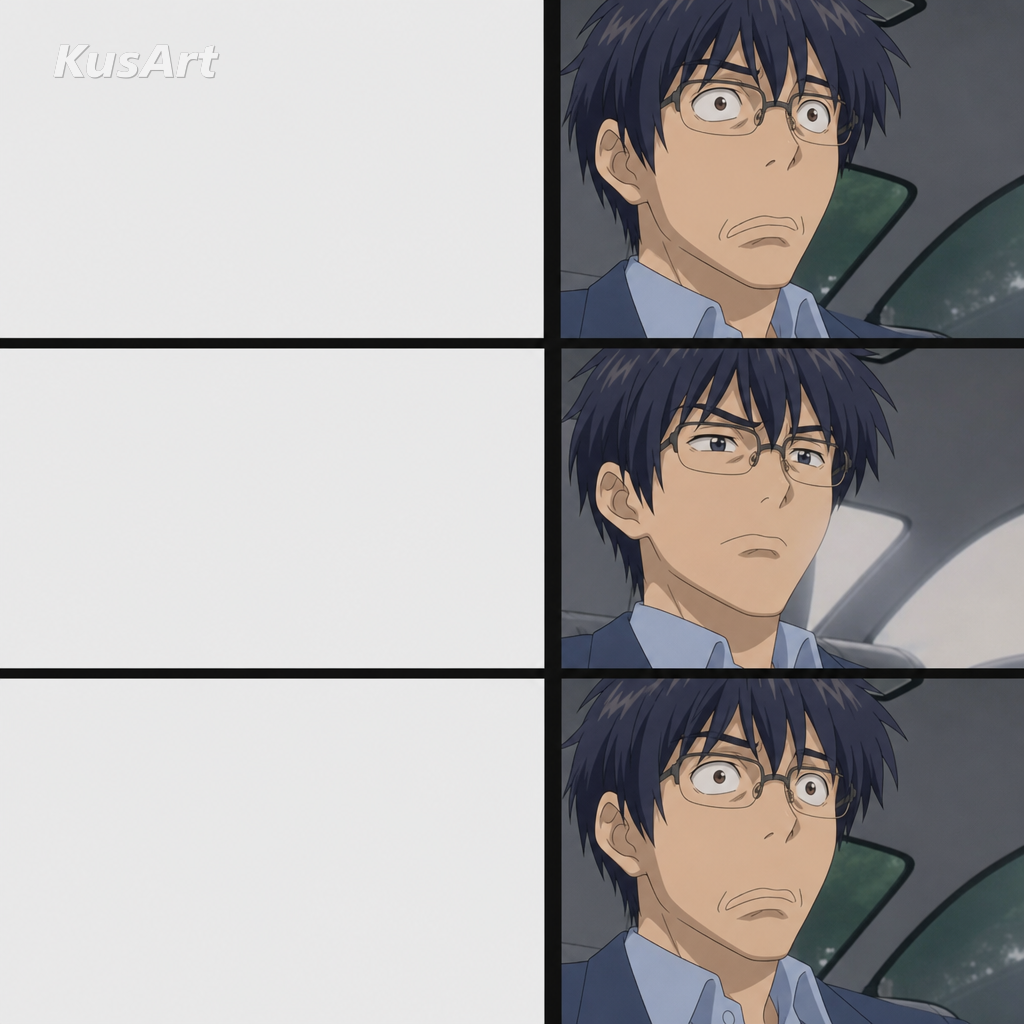 Man-Changing-in-Face-Anime-Meme neu erstellt mit einem Anime-Jungen mit weit aufgerissenen Augen voller Grauen