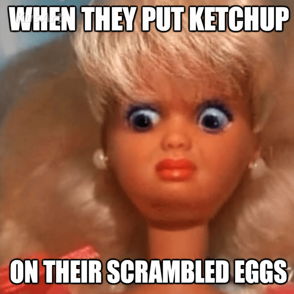 Disgusted face meme captioned about putting ketchup on scrambled eggs