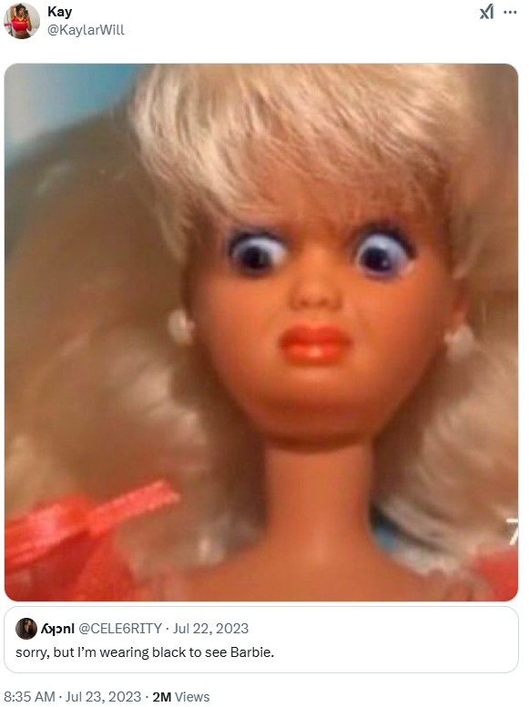 Disgusted Barbie meme used as a captioned reaction in a tweet