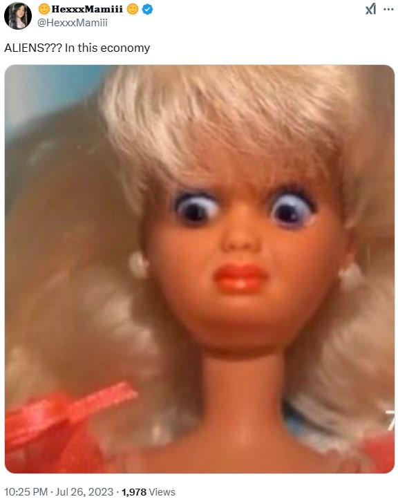 Disgusted Barbie meme reused as a reply-tweet reaction to a cursed post