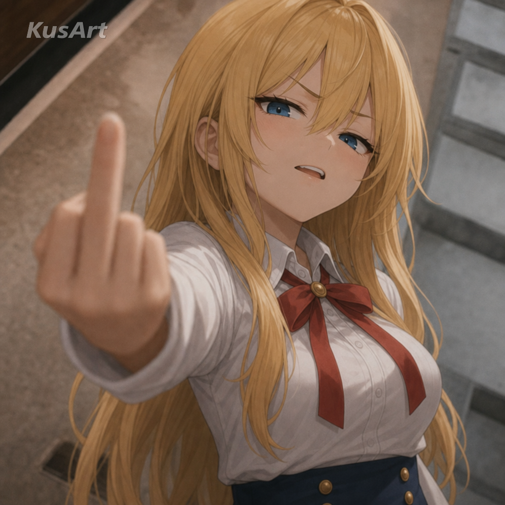 Middle finger meme remade with an anime girl playfully throwing a cheeky flip-off