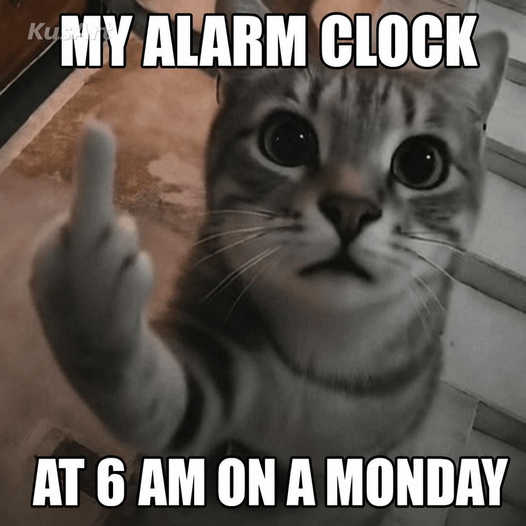Middle finger meme captioned about the alarm clock at 6am on a Monday