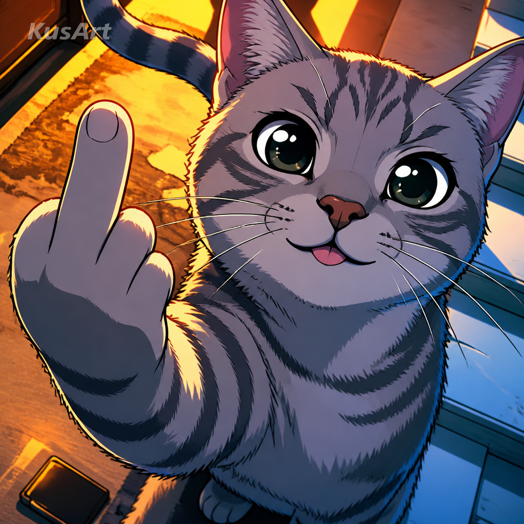 Middle finger meme restyled as a vibrant anime cel-shaded illustration