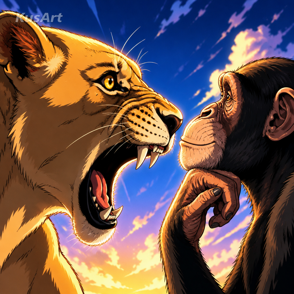 重新绘制成鲜艳动漫赛璐璐插画的猴子与狮子表情包