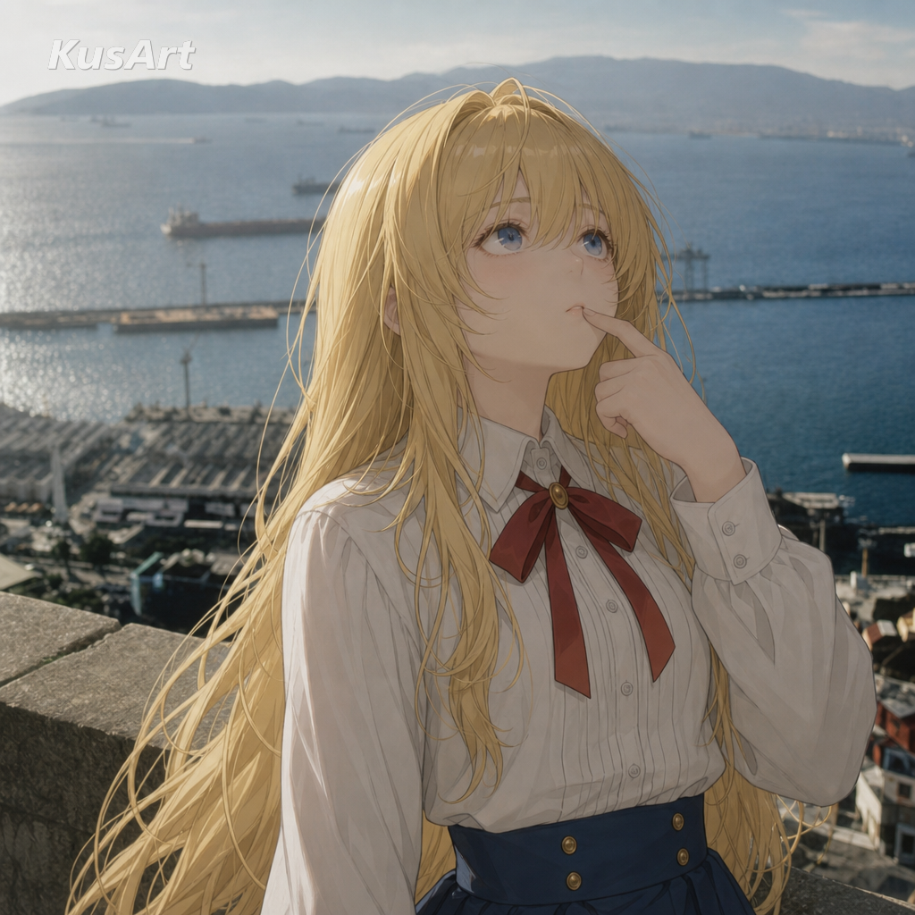 Nachdenkender-Affe-Meme, neu erstellt mit einem Anime-Mädchen in der nachdenklichen Finger-am-Mund-Pose des Makaken