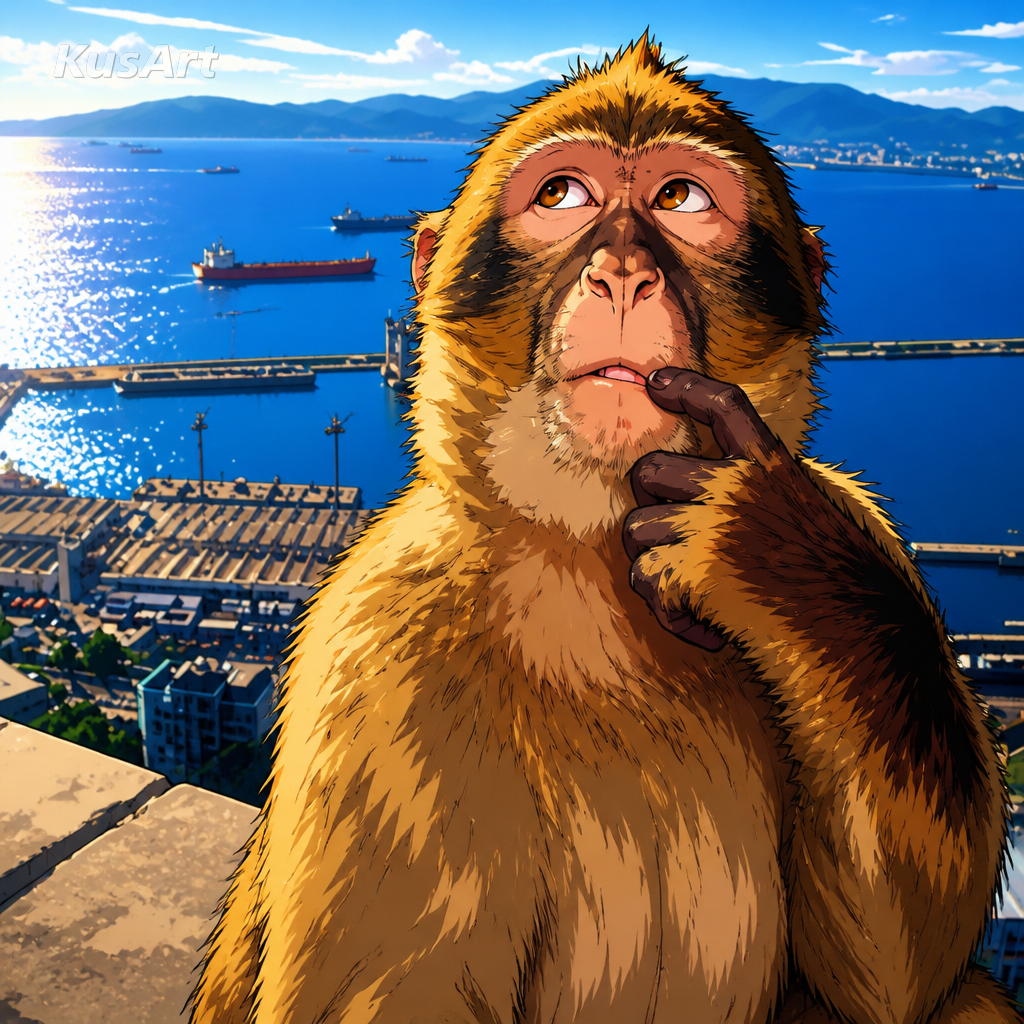 Nachdenkender-Affe-Meme, neu gezeichnet als leuchtende Anime-Cel-Shading-Illustration