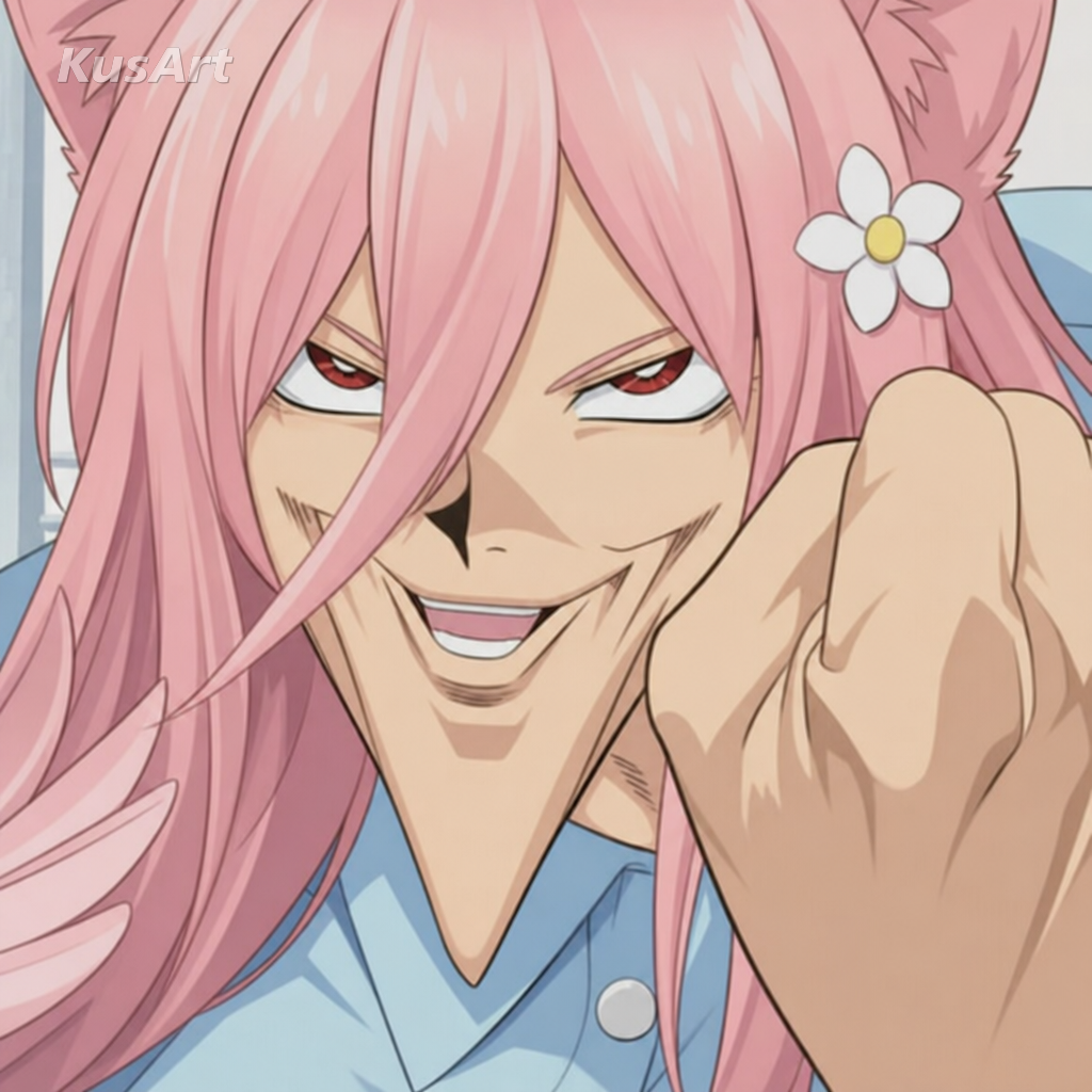 Pointy anime chin meme remade with a grinning catgirl sporting an absurdly long sharp chin