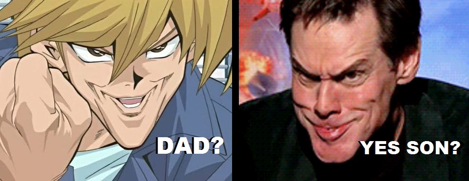 Grinning anime character with an exaggerated pointed chin in a meme edit