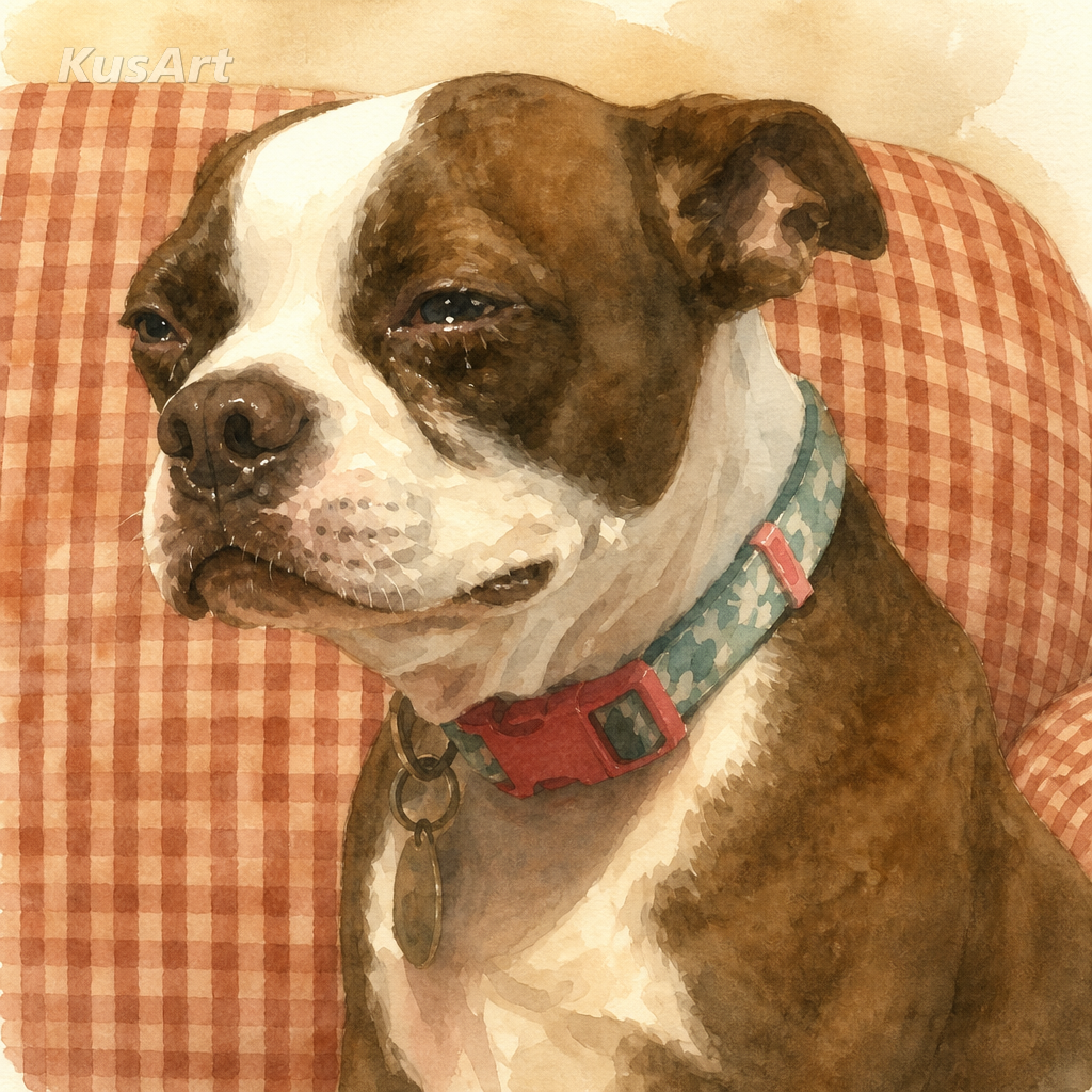 Sad dog meme restyled as a soft storybook watercolor illustration