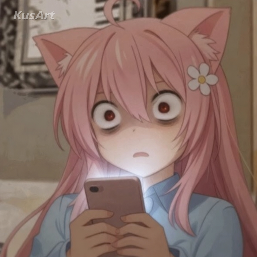 Scared dog meme remade with a wide-eyed terrified anime catgirl holding a phone